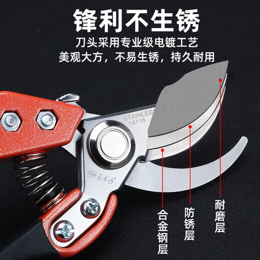 Gardening scissors pruning shears household stainless steel garden fruit tree pruning branch scissors special thick branches flower art scissors 14116 orange black stainless steel pruning shears (single hand)
