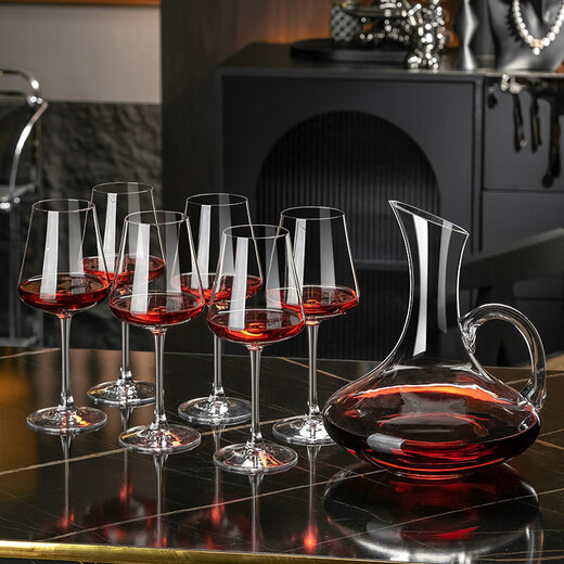 RIDOSS new red wine glass decanter set household high-end cup holder European large wine crystal goblet romantic style * 6 + with handle + golden smooth sailing rack