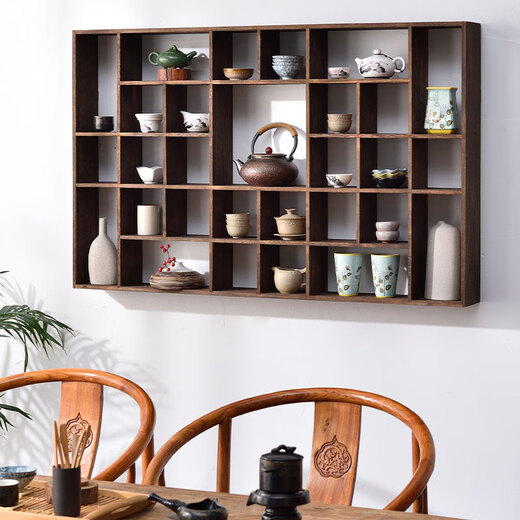 
YWZR Bo Ancient Shelf Solid Wood Chinese Wall-mounted Wall Solid Wood Duobao Pavilion Tea Cup Shelf Teapot Tea Set Storage Wall Heavy-burning Special-shaped 4839 grid Large size