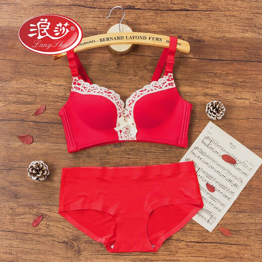 LangSha New Year's Ben Ming Nian Big Red Underwear Women's Bra Set No Wire Thick Thick Wedding Bride Push-Up Adjustable Cow Blossoms Big Red 85B 38