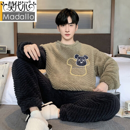 莫代尔冬季保暖睡衣男士加绒加厚珊瑚绒青少年学生大码法兰绒家居服套装 16802 M L码【高170C重130斤】