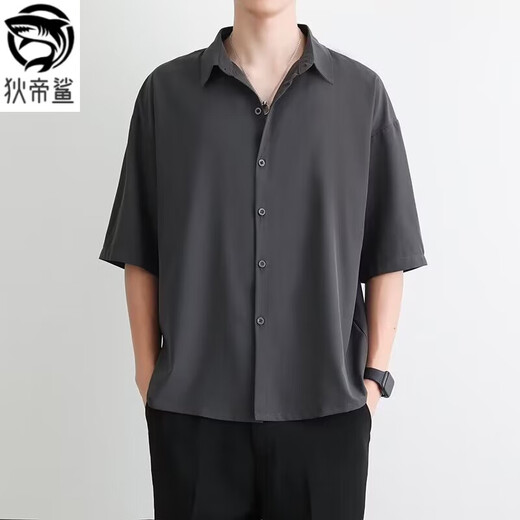 狄帝鲨（DIDISHA）冰丝白色短袖衬衫男士夏季薄款宽松潮牌痞帅外套休闲夏天垂感衬衣 白色 2XL