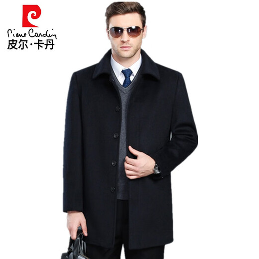 Pierre Cardin high-end large size men's cashmere coat mid-length daddy woolen woolen coat middle-aged and elderly thickened coat black blue mid-length (no velvet) 7XL/210 recommended 240-260Jin [Jin equals 0.5 kg]