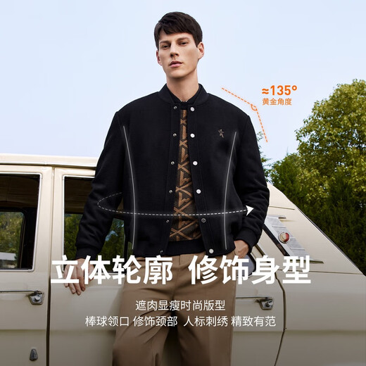 Tanzen mit dem Wolf [52% Wolle] Modebaseball Uniform Wollmantel Herrenjacke 001 schwarz 185
