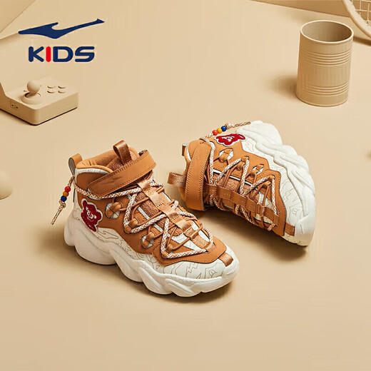 Hongxing Erke (ERKE) children's shoes, boys' medium and large children's high-top casual shoes, children's sports running shoes, oak bud white/caramel yellow brown 36
