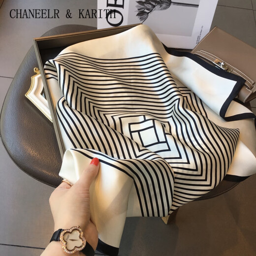 CHANEELR & KARITH丝巾女士桑蚕丝方领巾披肩百搭时尚简约条纹生日母亲节礼物送实用 米白色