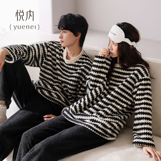 Yuenei Half Velvet Couple Pajamas Women's Autumn and Winter Coral Velvet Thickened Home Clothes Men's Striped Pullover Set 24353 Wave Pattern Women's 2XL (Male 160-180 Jin Jin equals 0.5 kg / Female 140-160 Jin Jin equals 0.5 kg)