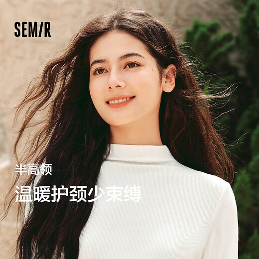 Semir long-sleeved t-shirt women's short half turtleneck thin velvet light warm bottoming shirt 2024 winter new solid color slim fit fleece inner milk white 10534 M