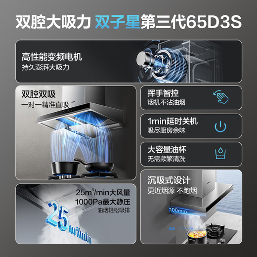 Boss (Robam) Gemini range hood European style top suction double chamber frequency conversion 25 air volume household large suction gas stove 65D3S+55B7A natural gas stove set product