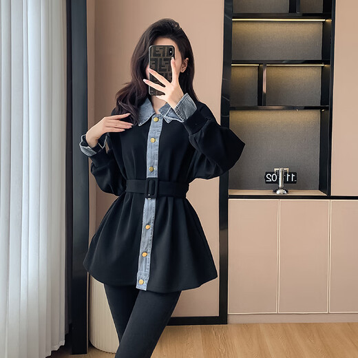 Lisaft Black Spliced Denim Sweater Women's Jacket Spring and Autumn Slim Waist Cardigan Top 2024 New Regular Black L (recommended 115-130 Jin Jin equals 0.5 kg) Lisaft Black Spliced Denim Sweater Women's Jacket Spring and Autumn Slim Waist Cardigan Top 2024 New Regular Black L (recommended 115-130 Jin Jin equals 0.5 kg)