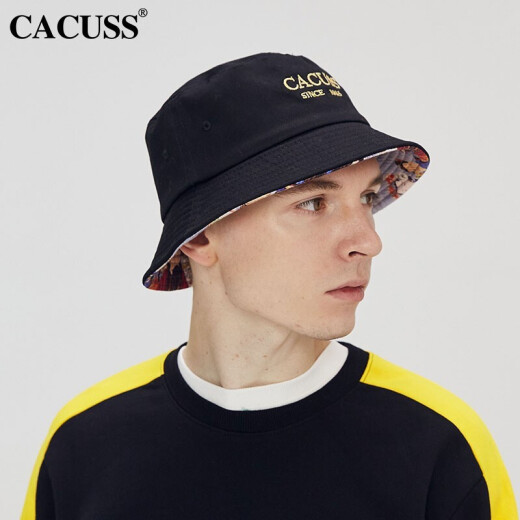 CACUSS hat men's and women's fisherman hat cotton spring and summer sunshade hat national trend embroidered outdoor sun hat basin hat black