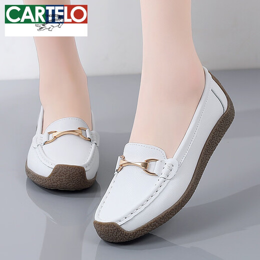 CARTELO leather bean shoes for women 2024 spring shallow mouth flat sole versatile soft sole comfortable non-slip mother middle-aged and elderly casual shoes off-white 2 826 single shoes 40