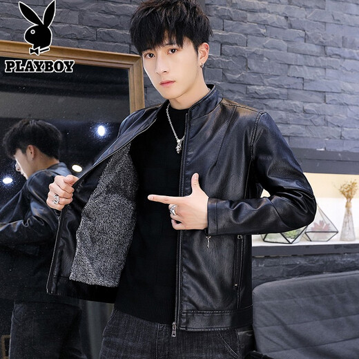 Playboy Autumn and Winter Leather Jackets Men's Trendy Jackets Men's Casual Men's Leather Jackets Handsome Motorcycle Clothing Tops 8961 Black Velvet XL