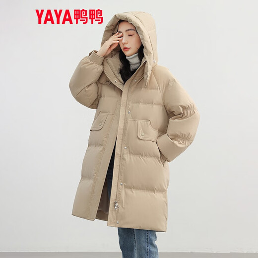 YAYA Down Jacket Women's Mid-Length 2025 New Hooded Thickened Fashion Versatile Casual Loose Duck Down Jacket KL Khaki M