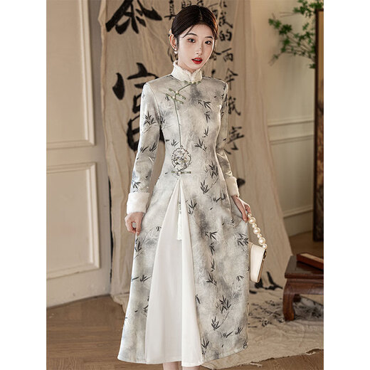 Du Yanzhi cheongsam new autumn and winter long-sleeved velvet thickened young style ink Chinese style improved dress flower shadow-silver white fur collar style L (165) 100-110Jin Jin equals 0.5 kg