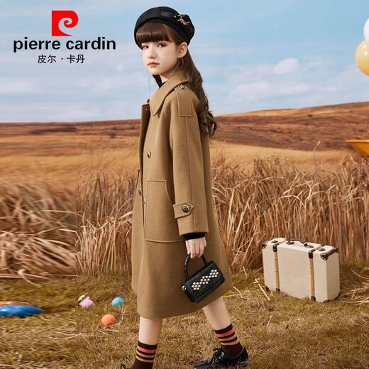 Pierre Cardin Girls' Woolen Coat with Cotton Children's Woolen Coat Mid-Length Autumn and Winter New Style for Big Children Western Girls Prep Style Milk Tea Color 120cm