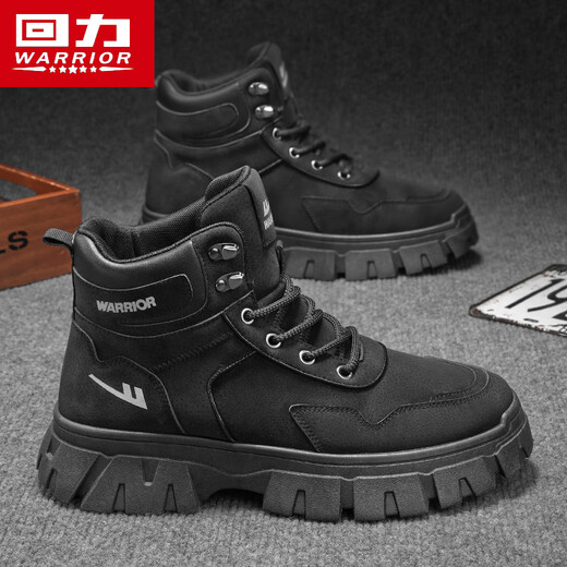 回力男鞋2024秋季新款美式潮流百搭中帮厚底马丁靴 黑色 44 