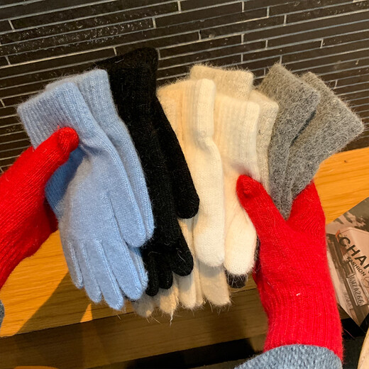 Muqing pure color knitted gloves winter men and women outdoor cycling warm thickened elastic fingered student gloves new year red one size fits all