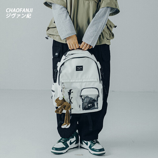 CHAOFANJI 日系潮牌双肩包男女款书包旅行背包大容量书包防水电脑包学生包 白色大号【关注店铺送网红蛙】