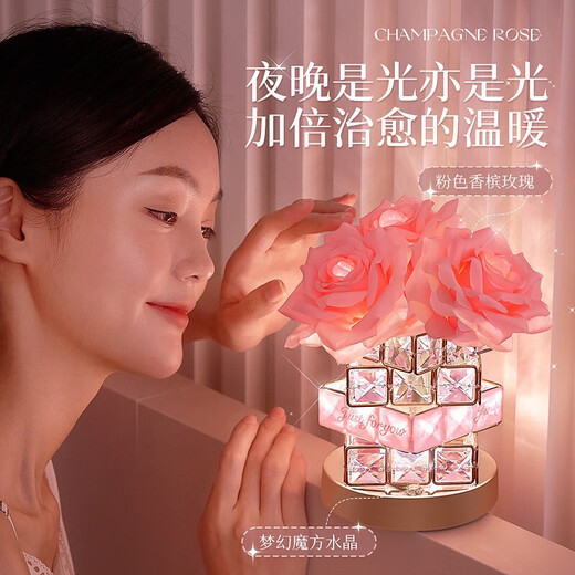 Chentian Rose Crystal Night Light Rechargeable Atmosphere Lamp Bedside Bedroom Girl Birthday Gift Creative Romantic Ornament Pink-Rose Crystal Lamp Comes with Essence + Gift Bag