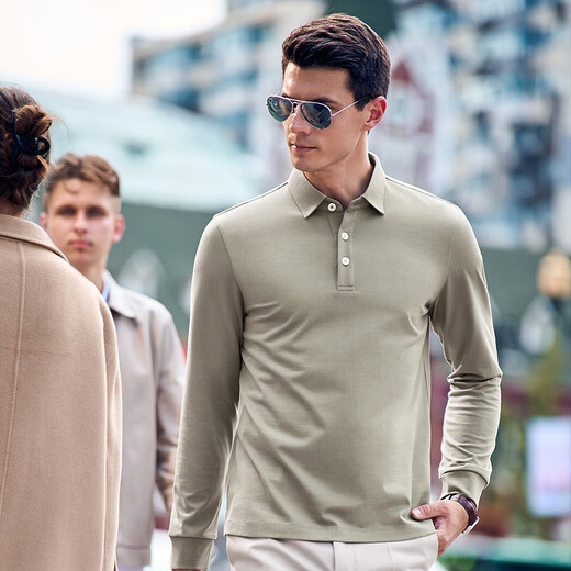 
Mr. Bu spring and autumn style men's long-sleeved pure cotton T-shirt patented eight-character collar business casual men's clothing BT11972 bronze green L (175)