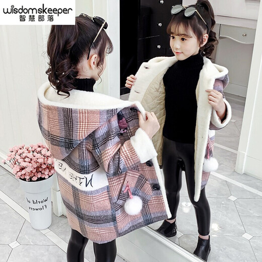 Hengli Girls' Jacket Autumn and Winter New Children's Woolen Jacket Thickened Western Style Girl Internet Celebrity Woolen Coat Medium and Large Children Pink 160