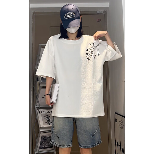 POUM新中式短袖t恤男士夏季潮流国风宽松休闲纯棉半袖男生上衣服 HN-T3524杏色 M (建议90-115斤)