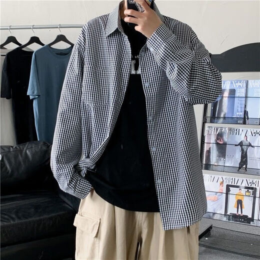 MGJO flannel shirt men's plaid shirt men's long-sleeved 12 spring and autumn high-end inner wear Korean version trendy slim and handsome no-iron casual business shirt 9923 small grid black XL 130Jin Jin equal to 0.5 kg to wear