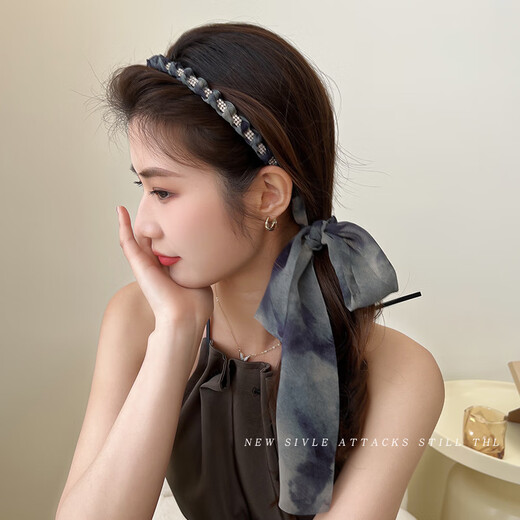 Mixin streamer headband female Korean simple hairband bow braided hair rope headdress sweet super fairy hairpin internet celebrity headband ink gray