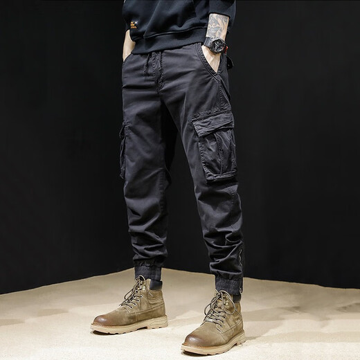 古先森美式复古工装裤男款宽松休闲裤男秋冬款哈伦裤潮牌束脚裤男长裤子 黑色 31 【125-135斤】