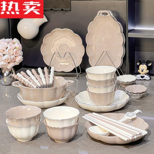 Tazón de cerámica de la aldea Shantoulin y plato de plato de plato para el tazón de vajilla y plato de placa de color liquidación de arroz de lujo y tazón Utensil con 4-6 personas de alimentos de 4 a 6 personas 1355