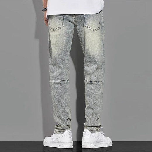 Zhidoudou American Retro Yellow Bud Jeans Men's Automn Wash High Street Straight Loose Spring et automne Pantalon décontracté pour hommes nostalgiques 1098 Bleu clair 28