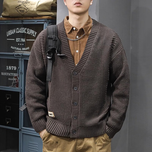 Lexinchao winter trendy brand retro V-neck cardigan sweater men loose large size American heavy casual knitted sweater jacket dark brown M[100-130Jin[Jin equals 0.5 kg]]