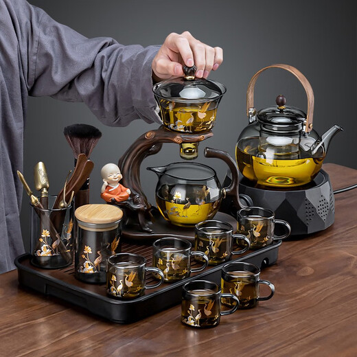 Zhengyang complete set of glass kung fu tea set home teacup magnetic automatic tea maker simple office meeting guests drinking tea welcoming ash lotus crane set + tea can + tea ceremony