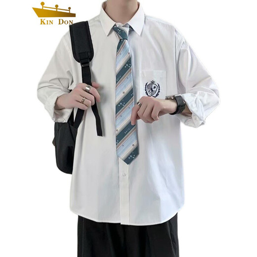 KIN DON长袖衬衫男dk制服感衬衫男学院风白衬衣宽松高中生领带班服上衣 白色 L