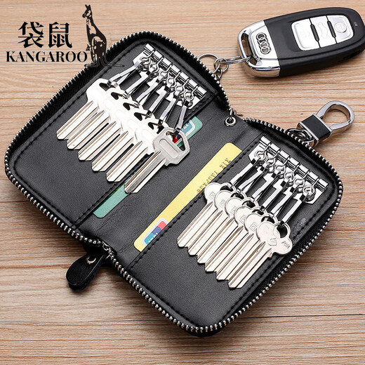 Kangaroo (KANGAROO) multi-function practical car key bag for men and women large capacity genuine leather cowhide key storage bag black - double row 12 buttons