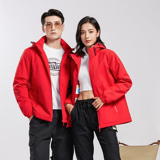 西域骆驼（VANCAMEL）加绒风衣外套男女韩版防风保暖单层软壳冲锋衣工装风夹克文艺上衣 9930S中国红-女【纯色】 L