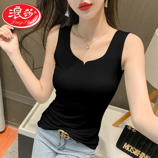 LangSha (LangSha) V-neck pure cotton black and white vest suspender women's large size seamless slim fit autumn and winter inner and outer bottoming shirt white heart collar combed cotton M