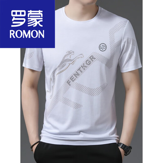ROMON men's short-sleeved summer new loose ice silk tiger head casual print men's half-sleeved T-shirt men's trendy pure white 733. Letter tiger head 165/ M suggests 95-120Jin [Jin equals 0.5 kg]