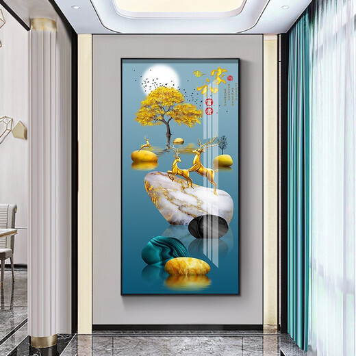 Xiao Lulin Light luxury entrance decoration painting New Chinese style entrance painting aisle corridor mural Nordic abstract elk hanging painting crystal porcelain painting 14088 Home and Fugui Crystal porcelain painting 90*180 cool black (customized size)