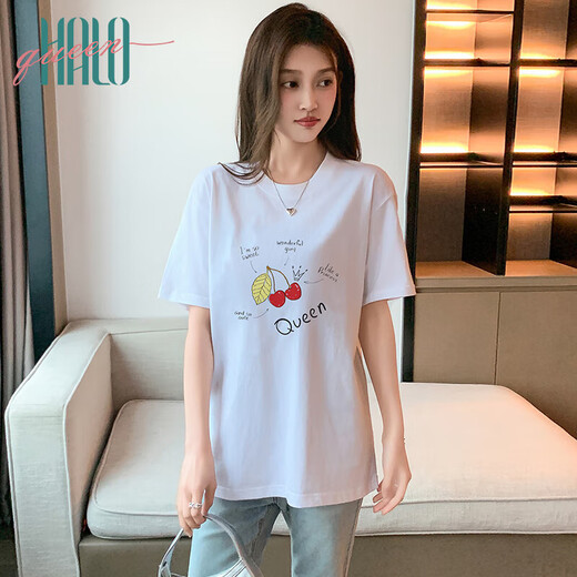 Halo Queen短袖T恤女夏季薄款休闲宽松圆领上衣樱桃涂鸦印花T恤H143T1591