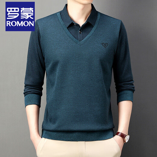 ROMON fake two-piece long-sleeved T-shirt for men's spring and autumn new lapel base top casual business Polo T-shirt for men T 6630-Gray XL