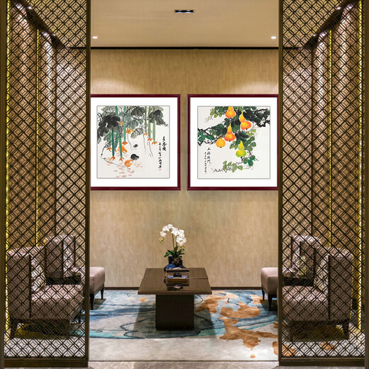 Jie Home Purely hand-painted ink Chinese painting Doufang Chinese restaurant entrance vegetable harvest decorative painting loofah cabbage gourd hanging painting B style picture of wealth + brown outer frame outer frame size 50*50cm