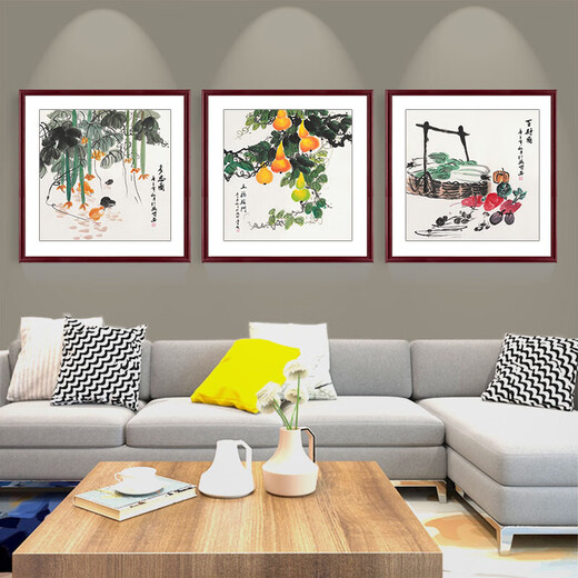Jie Home Purely hand-painted ink Chinese painting Doufang Chinese restaurant entrance vegetable harvest decorative painting loofah cabbage gourd hanging painting B style picture of wealth + brown outer frame outer frame size 50*50cm
