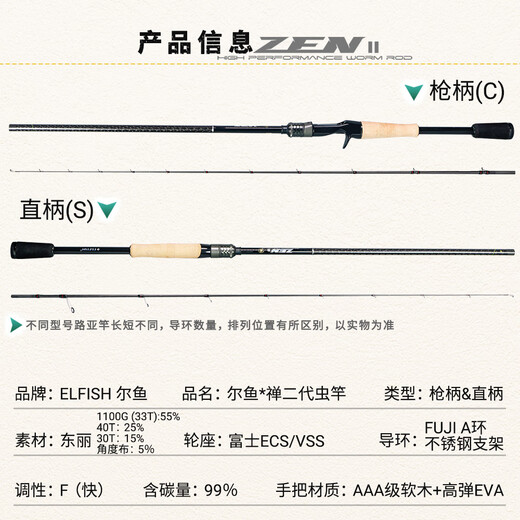 Eryu Chan II Nouveau insecte pêche de pêche mandarin poisson noire pêche de pêche noire pêche à la pêche avec une sensation à haute sensibilité, haute résistance et légère 2,03 m C682Mh / poignée de pistolet 2 sections eryu chan deuxième génération