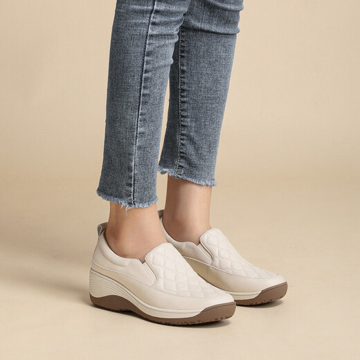 SATCHI Women's Shoes Cow Leather Wedge Platform Slip-on Thick-soled Heighten Single Shoes Versatile Casual Shoes Off-White (14C16047150) 36 (230mm)