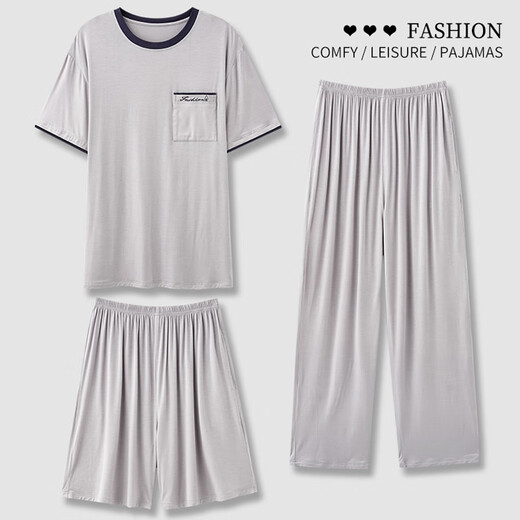 Heart-suggested Modal pajamas men's summer short-sleeved short-length trousers three-piece set for middle-aged and elderly thin large-size dad's home clothes 1695-3# (short-sleeved shorts + trousers) L men's 100-130Jin [Jin equals 0.5 kg]