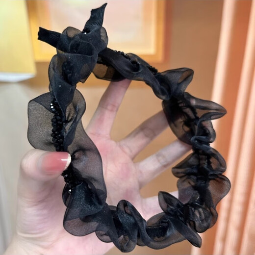 WEISHINI temperament mesh pleated crystal headband high-ceiling girl press hair to show face small hairpin face-washing girl new hair accessories 1# organza crystal headband-black A12-302