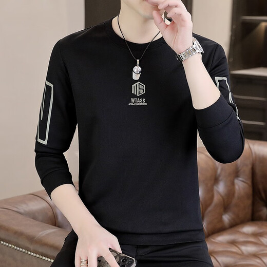 Edcofgivensi runder Nacken Langarm T-Shirt für Männer Frühling, Herbst und Winter Neues Sweatshirt für Männer Jugendmodet trendy Herren-Top-Basis-Hemd ohne Fleece 9905-schwarze reguläre M-Größe (80-105jin [Jin gleich 0,5 kg]))