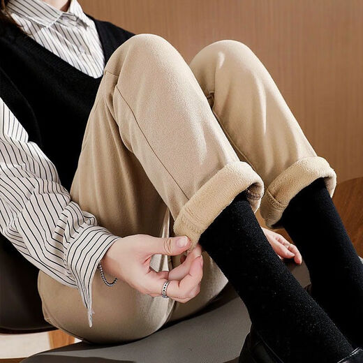 Geyun Jeans Women's 2025 Spring and Autumn New Style Wearing Straight Wide Legs Khaki Cotton Pants Plus Fleece Thickened Smoke Pants Women's Khaki One Buckle [Fleece Thickened] 13588 27 (96 to 105Jin [Jin equals 0.5 kg])